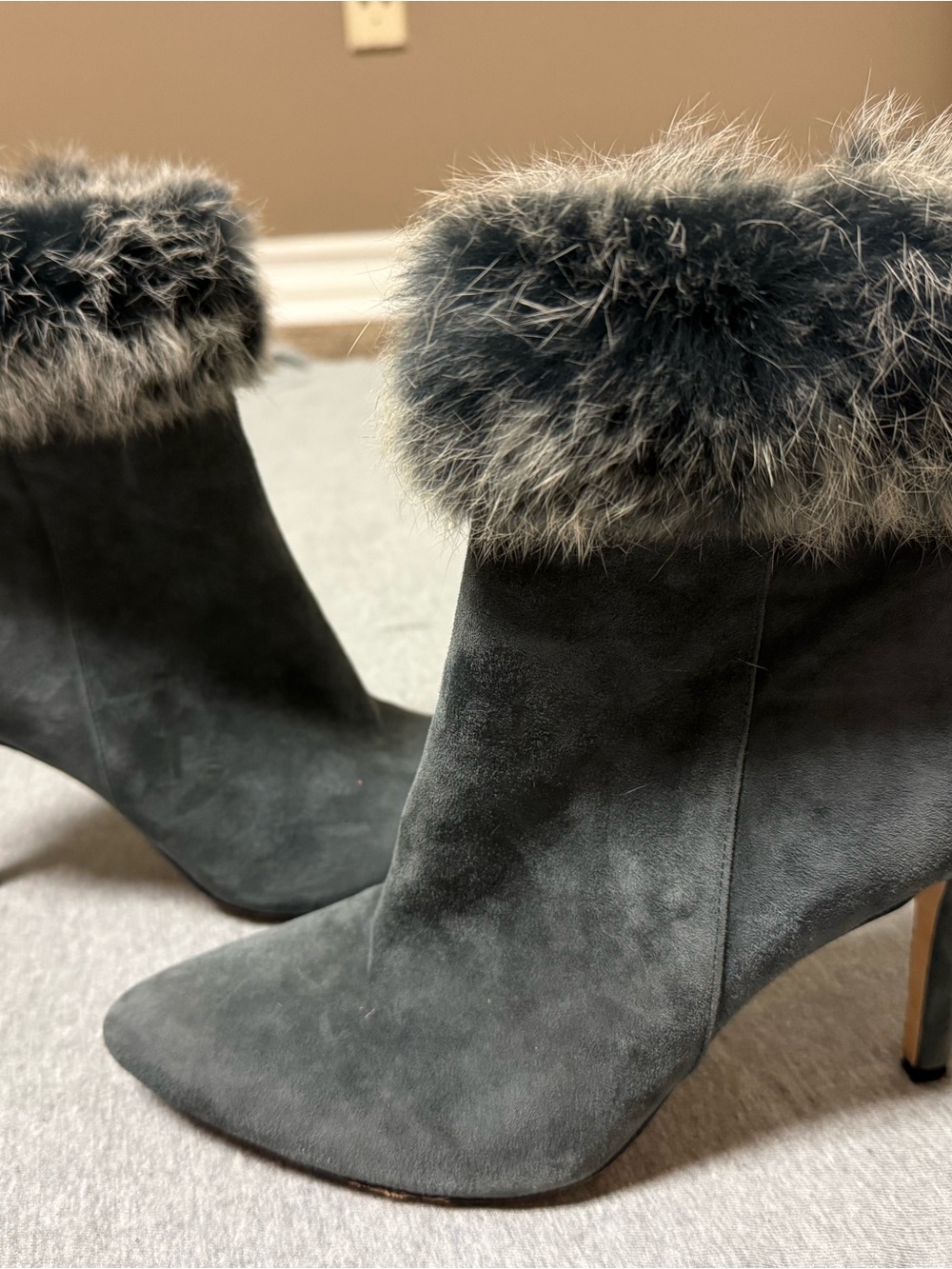 ANTONIO MELANI Gray Suede Ankle Boots with Faux-Fur Cuff